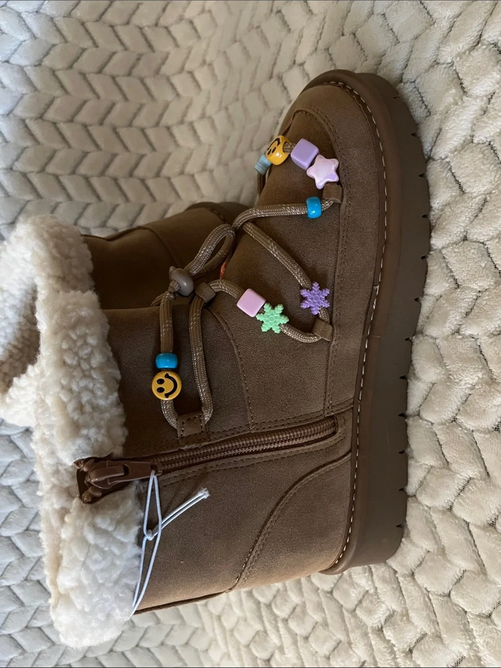 art class Brown Kids Boots with Cream Faux Shearling and Multicolor Bead Accents